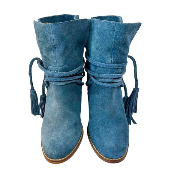 Vintage Aldo Blue Navy Suede Boho Tassel Ankle Boots Festival Quiet Luxury 8 - Picture 7 of 9